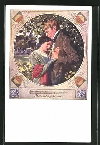 Künstler-AK Karl Friedrich Gsur, Deutscher Schulverein Nr. 555: Verliebtes Paar beim Kuscheln unter einem Baum