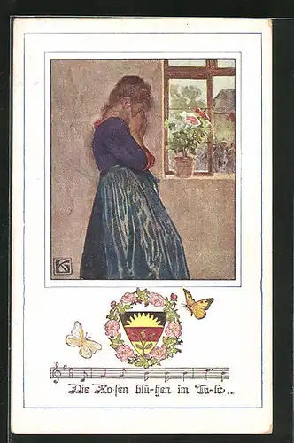 Künstler-AK Karl Friedrich Gsur, Deutscher Schulverein Nr. 1065: Mädchen am Weinen mit Rosen auf dem Fensterbrett