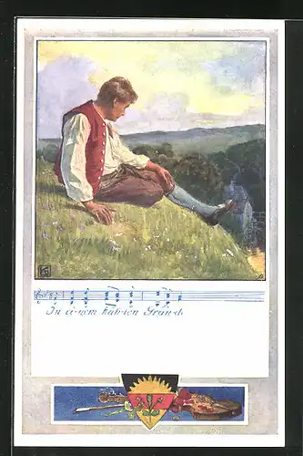 Künstler-AK Karl Friedrich Gsur, Deutscher Schulverein Nr. 371: Bauer schaut vom Berge auf sein Dorf herab