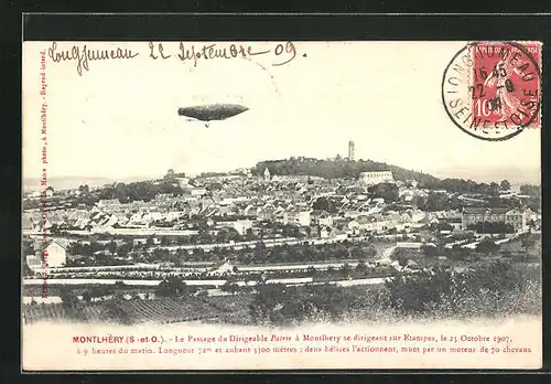 AK Montlhéry, Le Passage du Dirigeable Patrie à Montlhéry se dirigeant sur Etampes, le 25 Octobre 1907 - Zeppelin