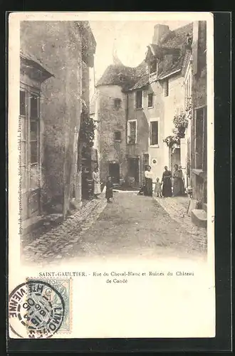 AK Saint-Gaultier, Rue du Cheval-Blanc et Ruines du Château de Condé