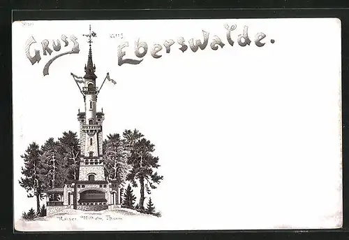 Lithographie Eberswalde, Gesamtansicht des Kaiser Wilhelm Turms