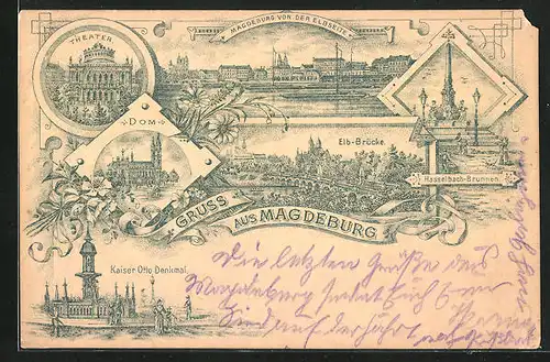 Lithographie Magdeburg, Hasselbach-Brunnen, Kaiser Otto Denkmal, Elb-Brücke
