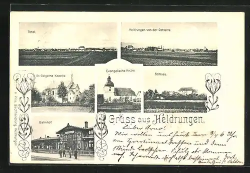 AK Heldrungen, St. Golgatha Kapelle, Bahnhof, Schloss, Totalansicht