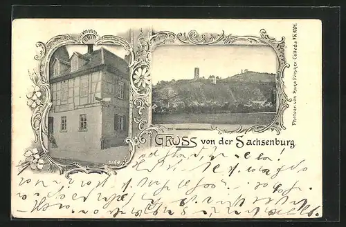 AK Sachsenburg, Panorama mit Turm, Fachwerkhaus