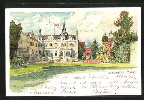 Lithographie Liebenberg / Mark, Gartenpartie mit Schloss