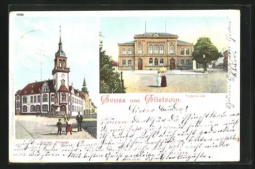 Lithographie Güstrow, Kaiserliches Postamt mit Denkmal, Gymnasium