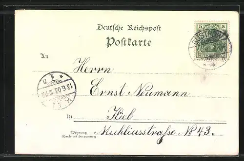 Lithographie Güstrow, Kaiserliches Postamt mit Denkmal, Gymnasium