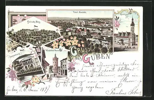 Lithographie Guben, Schützenhaus mit Fahne, Kaminsky-Burg, Werderther-Turm, Totaleansicht vom Ort