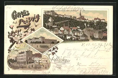 Lithographie Leisnig, Kaserne mit Soldaten, Postamt, Totaleansicht vom Ort