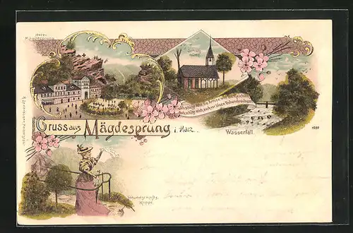 Lithographie Mägdesprung i. Harz, Hotel Mägdesprung, Schutzhütte, Wasserfall mit Glitzer-Perlen