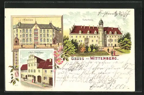 Lithographie Wittenberg, Lutherhaus im Sonnenschein, Melanchthonhaus, Mittelschule