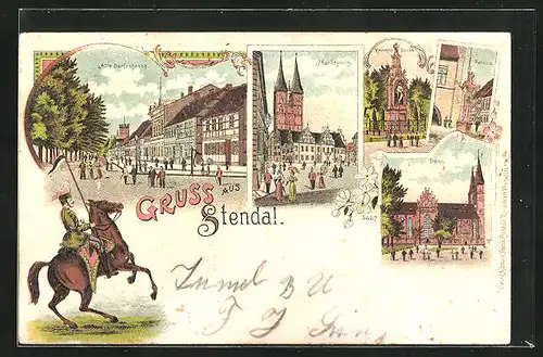 Lithographie Stendal, Marktplatz mit Kirche, Dom, Roland Denkmal