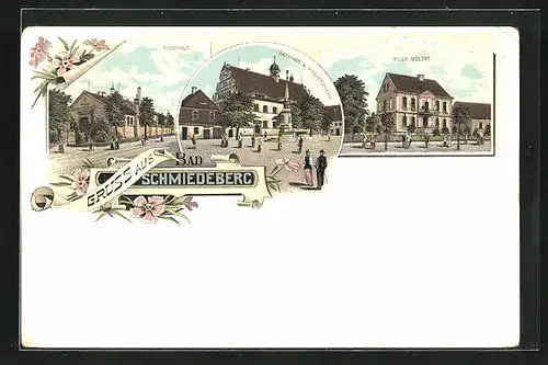 Lithographie Bad Schmiedeberg, Gasthaus Villa Moltke, Badehaus, Rathaus u. Kriegerdenkmal