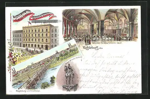 Lithographie Magdeburg, Restaurant Kaiserhalle, Kaiser-Wilhelm-Denkmal, Gesamtansicht