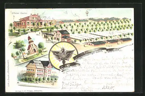 Lithographie Döberitz, Truppenübungsplatz aus der Vogelschau, Verwaltungsgebäude, Kirche, Offiziers-Casino