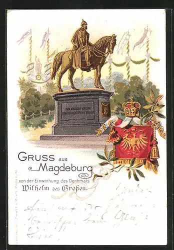 Lithographie Magdeburg, Einweihung des Denkmals Wilhelm des Grossen