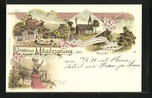 Lithographie Mägdesprung i. Harz, Hotel Mägdesprung, Schutzhütte