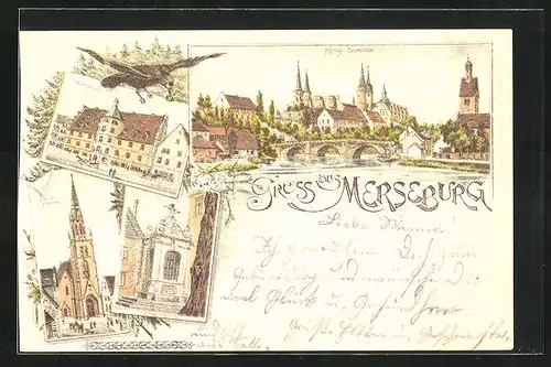 Lithographie Merseburg, Rathaus, Schloss, Kirche
