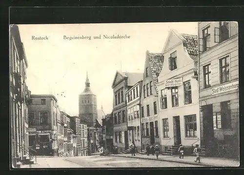 AK Rostock, Gasthaus Stadthalle, Beguinenberg und Nicolaikirche