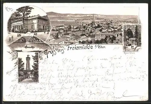 Vorläufer-Lithographie Freienwalde / Oder, 1895, Gasthof zur grünen Tanne, Totalansicht, Baasee, Turm