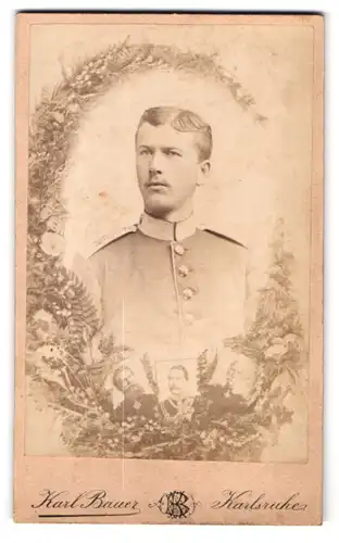 Fotografie Karl Bauer, Karlsruhe, Zähringer-Str. 41, Portrait Soldat in Uniform Rgt. 14, Porträt Kaiser Friedrich III