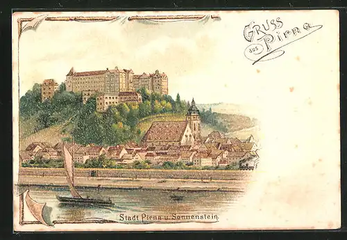 Lithographie Pirna, Stadt und Sonnenstein