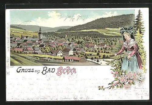 Lithographie Bad Berka, Totalansicht der Ortschaft, Einwohnerin in Tracht