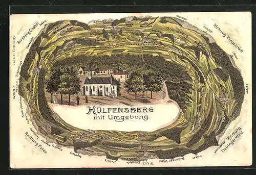 Lithographie Hülfensberg, Kirche und Umgebung