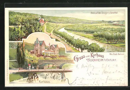 Lithographie Hochheim b. Erfurt, Blick auf den Steiger u. Gerathal, Totalansicht vom Kurhaus