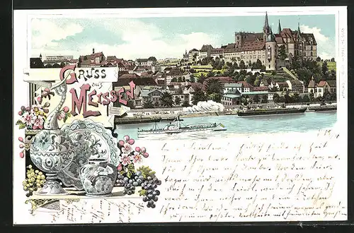 Lithographie Meissen, Ortspartie mit Dampfschiff auf Fluss, Porzellan