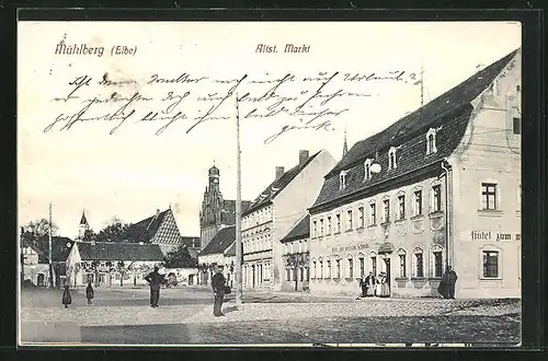 AK Mühlberg / Elbe, Altst. Markt mit Hotel zum weissen Schwan