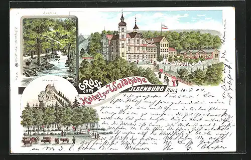 Lithographie Ilsenburg / Harz, Hotel Zur Waldhöhe, Ilsestein, Ilsefälle