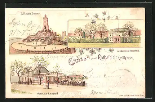 Lithographie Rathsfeld a. Kyffhäuser, Gasthaus Rathsfeld, Jagdschloss Rathsfeld, Kyffhäuser Denkmal