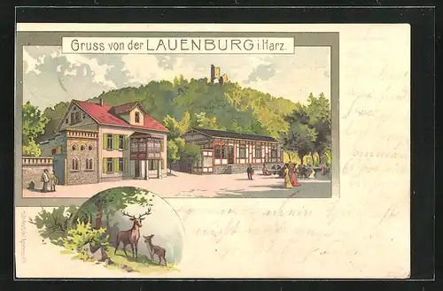 Lithographie Lauenburg / Harz, Gasthaus mit Ruine, Hirsch