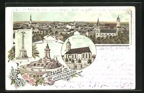 Lithographie Sangerhausen, Jacob Kirche, Kaiser-Wilhelm Denkmal, Krieger-Denkmal