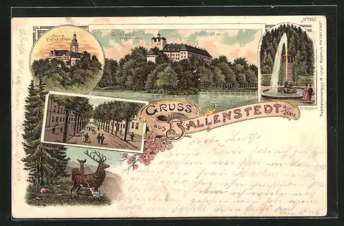Lithographie Ballenstedt / Harz, Burg Falkenstein im Dämmerungslich, Schlosspark mit Fontaine, Schloss von der Westseite