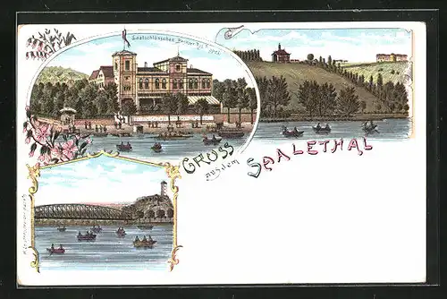 Lithographie Halle / Saale, Saalschlösschen mit Booten, Wasserpartie mit Brücke