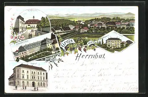 Lithographie Herrnhut, Gasthof, Mädchenanstalt, Schwestern-Haus