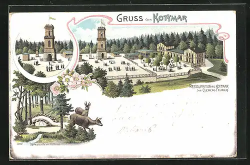 Lithographie Kottmar, Restaurant an der Kottmar mit Aussichtsturm, Spreequelle am Kottmar mit Reh