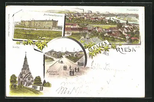 Lithographie Riesa, Artillerie-Kaserne, Kirche, Panorama