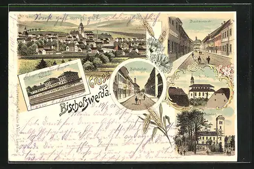 Lithographie Bischofswerda, Bahnhof mit Passagieren, Bautzenerstrasse, Bahnhofstrasse