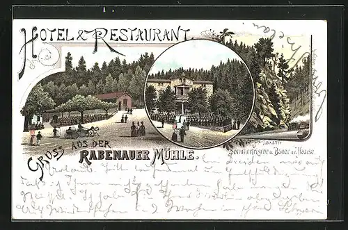 Vorläufer-Lithographie Rabenau, 1895, Hotel-Restaurant Rabenauer Mühle mit Bäder im Haus