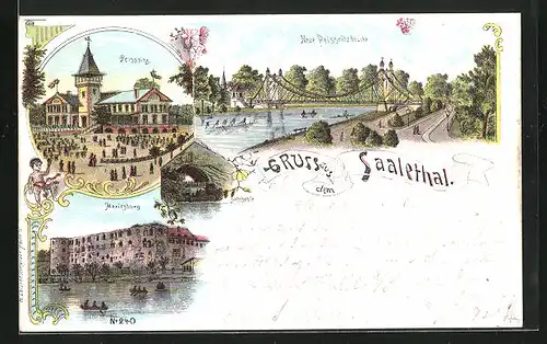 Lithographie Halle / Saale, Gasthaus Peissnitz, Wasserpartie mit Moritzburg, Neue Peissnitzbrücke