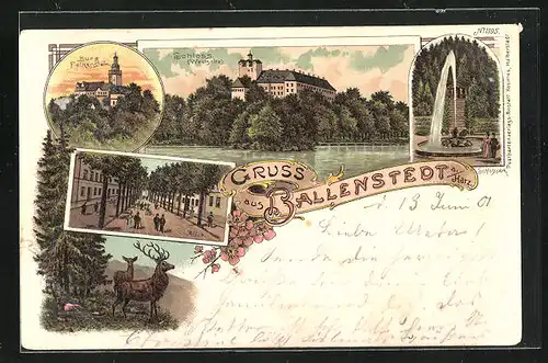 Lithographie Ballenstedt / Harz, Burg Falkenstein im Dämmerungslicht, Schloss von der Westseite, Schlosspark mit Fontaine