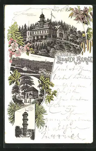 Lithographie Löbau / Sachsen, Restaurant zum Honigbrunnen auf dem Löbauer Berg, König Friedrich August-Turm