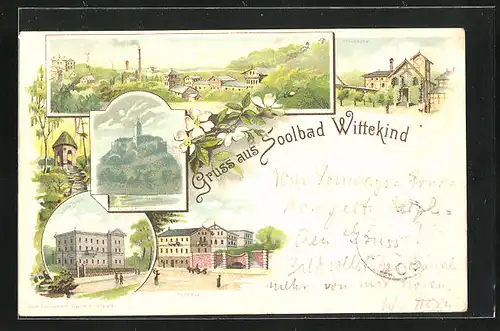 Lithographie Halle-Giebichenstein, Kurhaus Wittekind, Villa Thiele, Trinkhalle, Ruine, Panorama