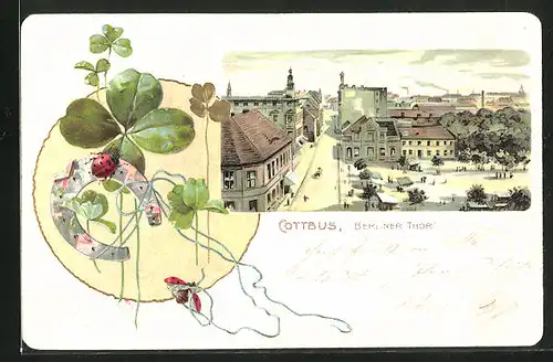 Passepartout-Lithographie Cottbus, Berliner Tor aus der Vogelschau, Marienkäfer mit Hufeisen