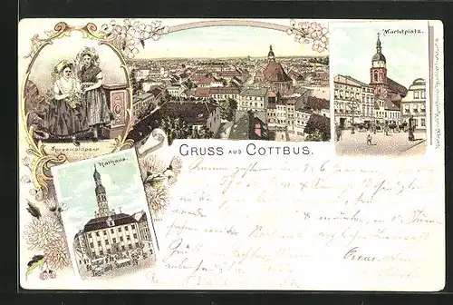 Lithographie Cottbus, Marktplatz mit Kirche, Rathaus mit Händlern aus der Vogelschau, Spreewaldpaar in Tracht