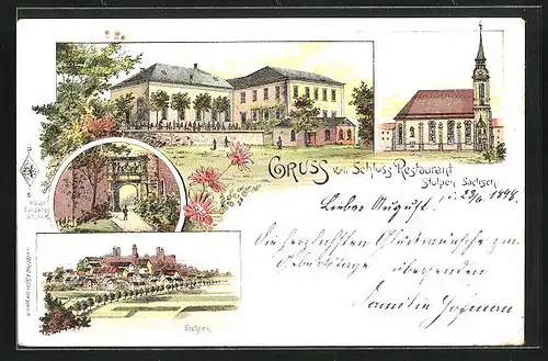 Lithographie Stolpen / Sachsen, Restaurant Schloss Stolpen, Kirche, Gesamtansicht